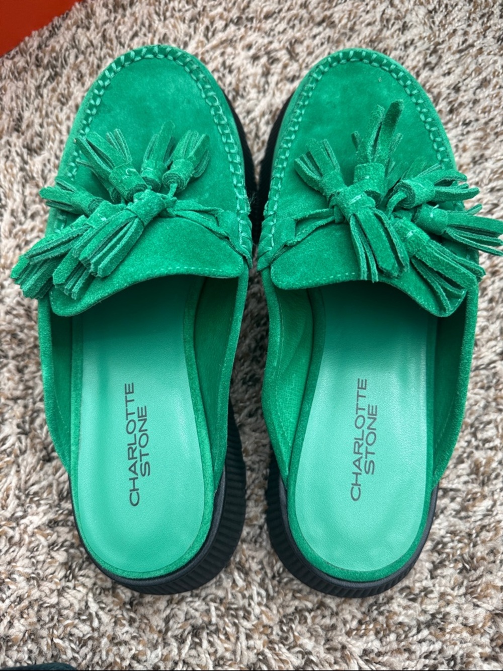 Charlotte Stone Emerald Green Suede Tassel Mules